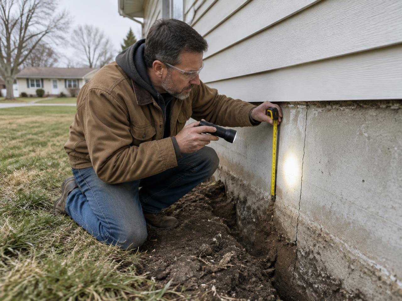 Inspector checking an exterior foundation crack